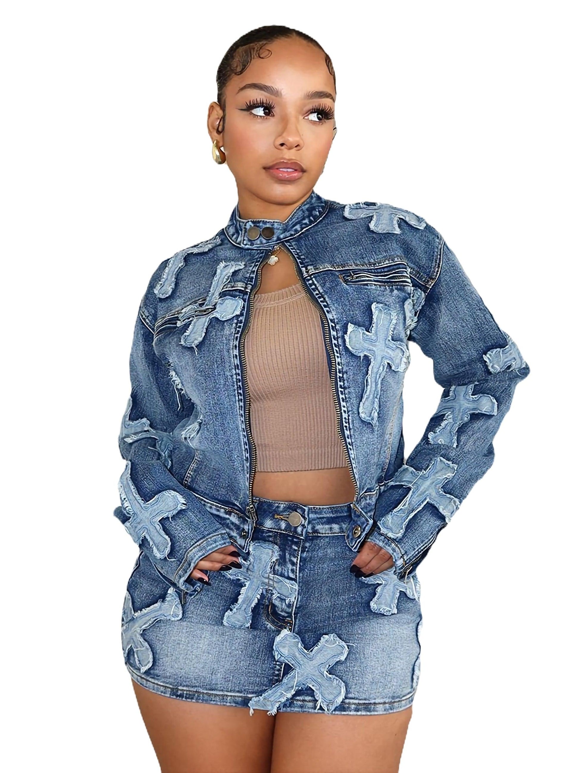 2 Piece Denim Sets for Women: Long Sleeve Zipper Jacket and Mini Skirt Set - JVMCL