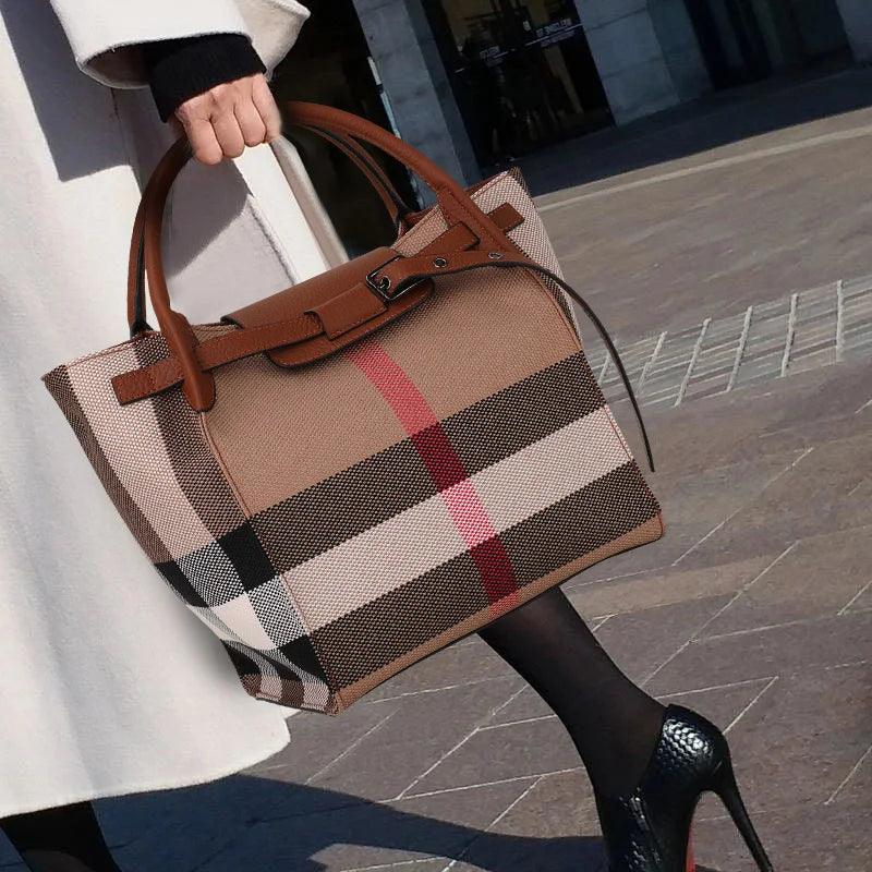 Classic Plaid Canvas & Cowhide Bucket Bag – High-End Women's Versatile Handbag - JVMCL