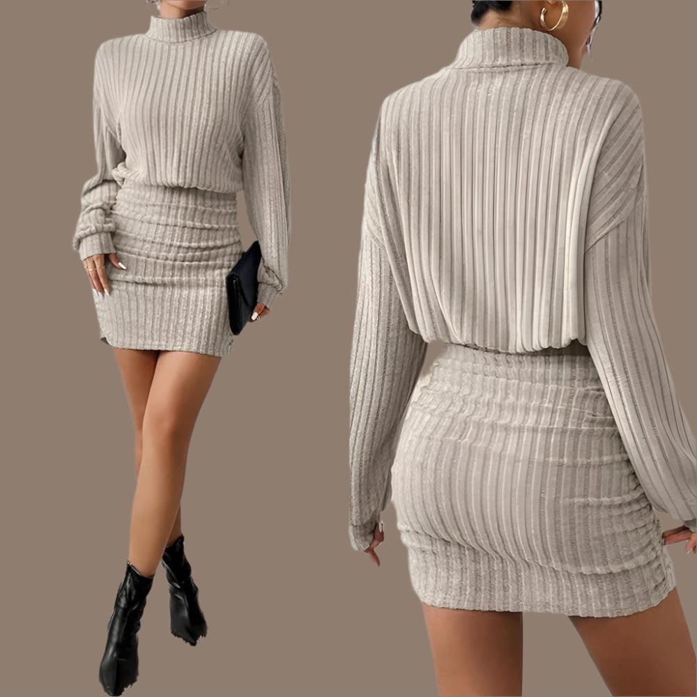 Knitted Pullover Mini Dress – Casual High Neck A-Line Dress with Lantern Sleeves - JVMCL