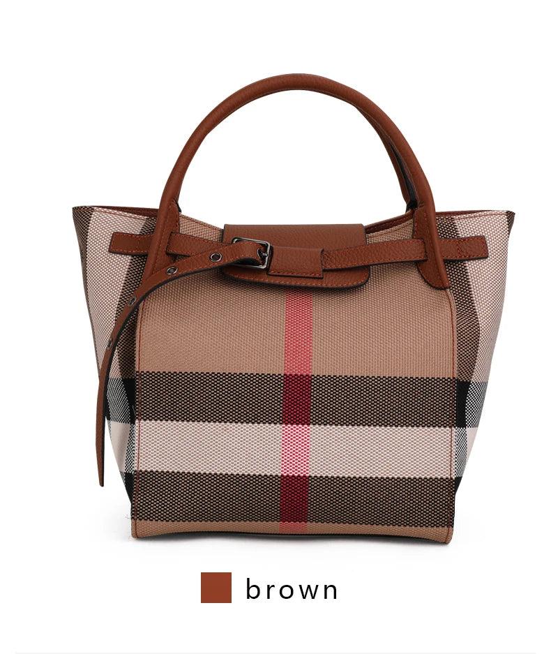 Classic Plaid Canvas & Cowhide Bucket Bag – High-End Women's Versatile Handbag - JVMCL