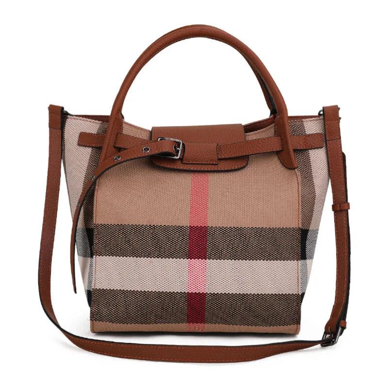 Classic Plaid Canvas & Cowhide Bucket Bag – High-End Women's Versatile Handbag - JVMCL