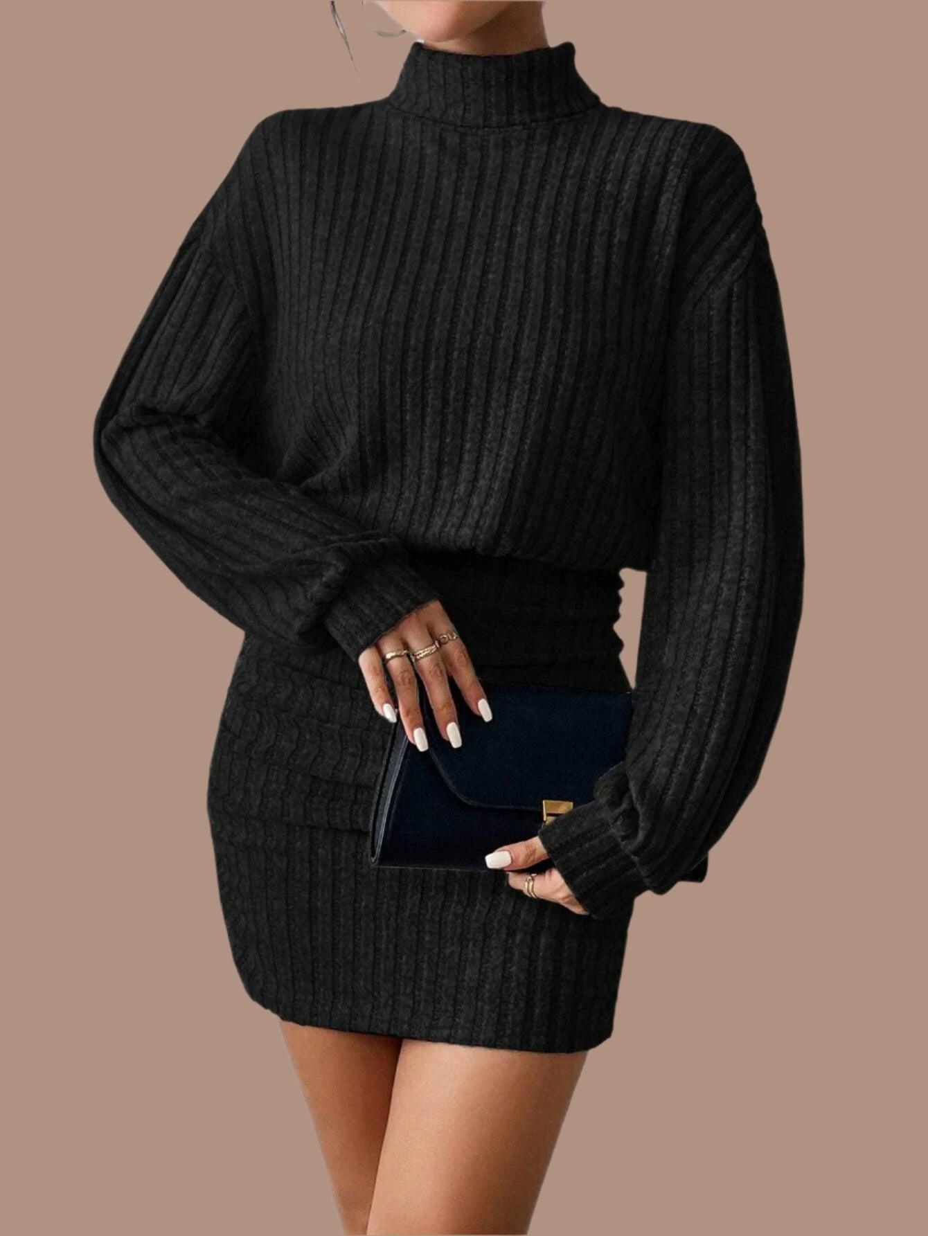 Knitted Pullover Mini Dress – Casual High Neck A-Line Dress with Lantern Sleeves - JVMCL