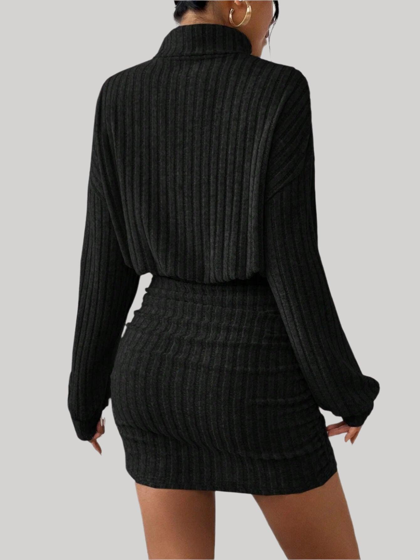 Knitted Pullover Mini Dress – Casual High Neck A-Line Dress with Lantern Sleeves - JVMCL