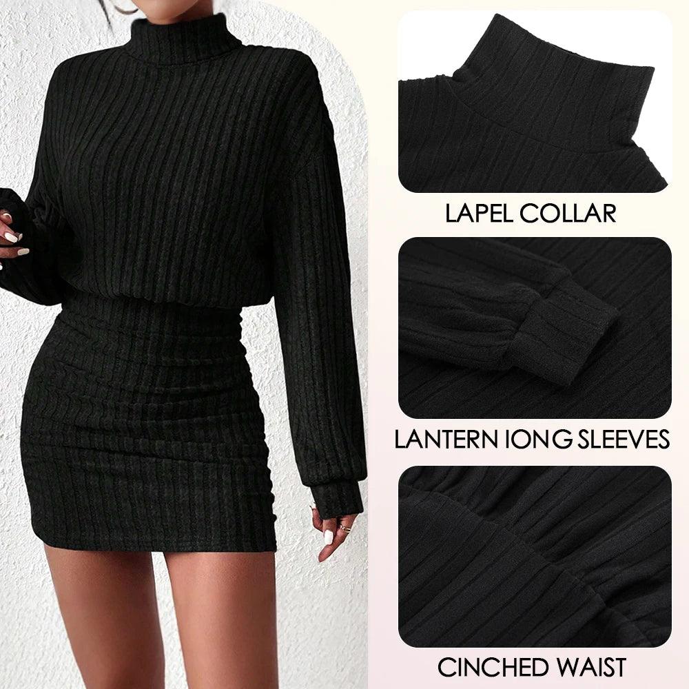 Knitted Pullover Mini Dress – Casual High Neck A-Line Dress with Lantern Sleeves - JVMCL