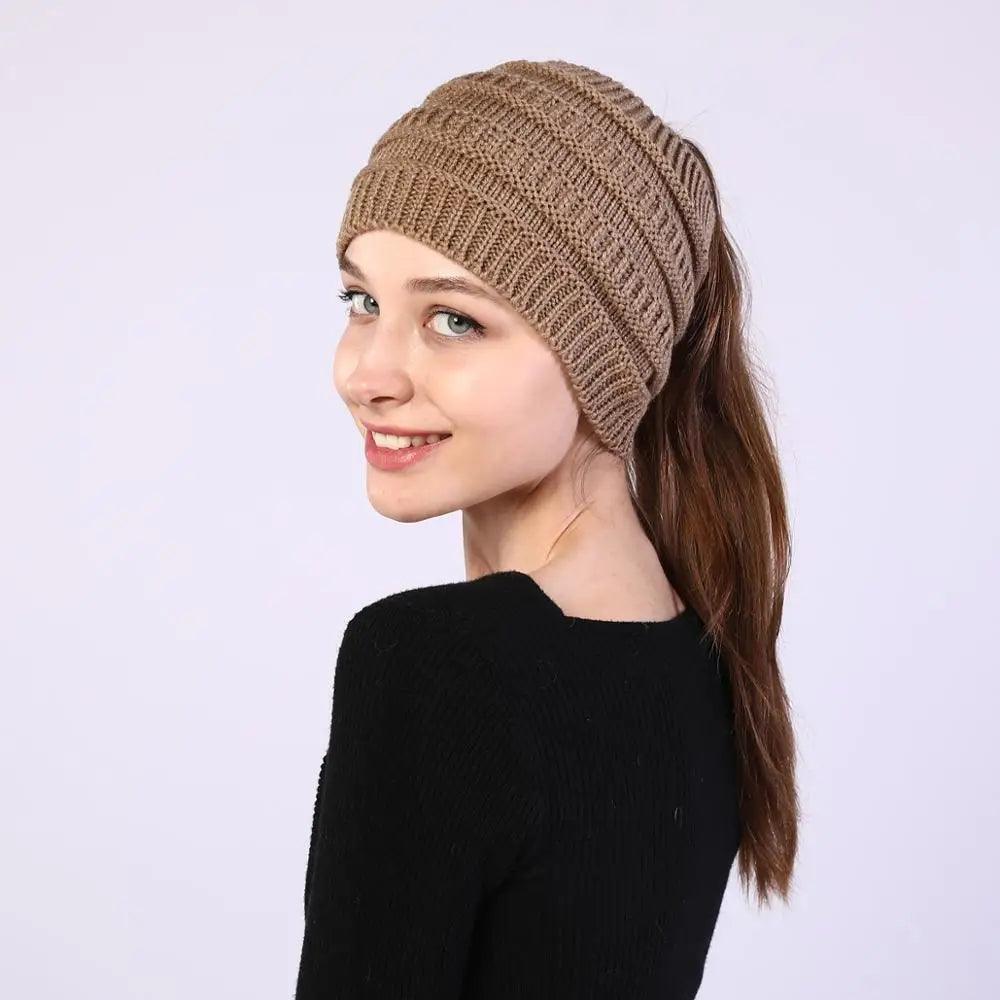 Knitted Winter Beanie with Ponytail Hole for Women - Cozy and Stylish - JVMCL