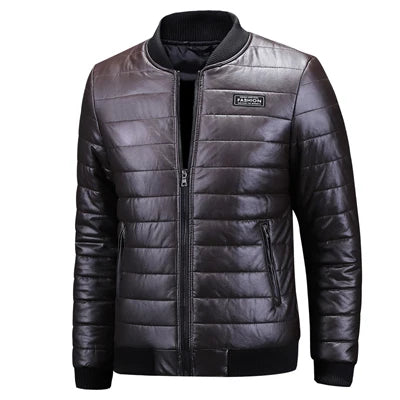 Men's Casual Slim Fit Plus Size Thick Winter Windbreaker PU Leather Jacket Coat - JVMCL