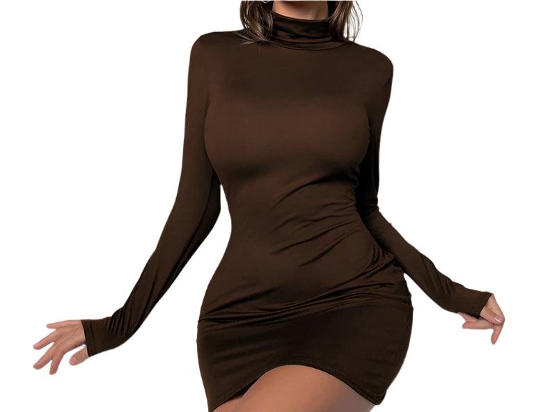 Clubwear High-Waisted Tight-Fitting Sexy Long Sleeve Turtleneck Mini Dress - JVMCL