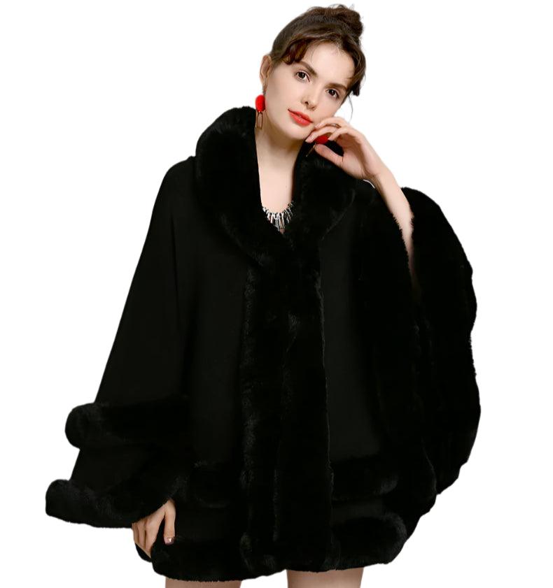 Double Layer Luxury Faux Rex Rabbit Fur Hooded Cape Knit Poncho Overcoat Wraps - JVMCL