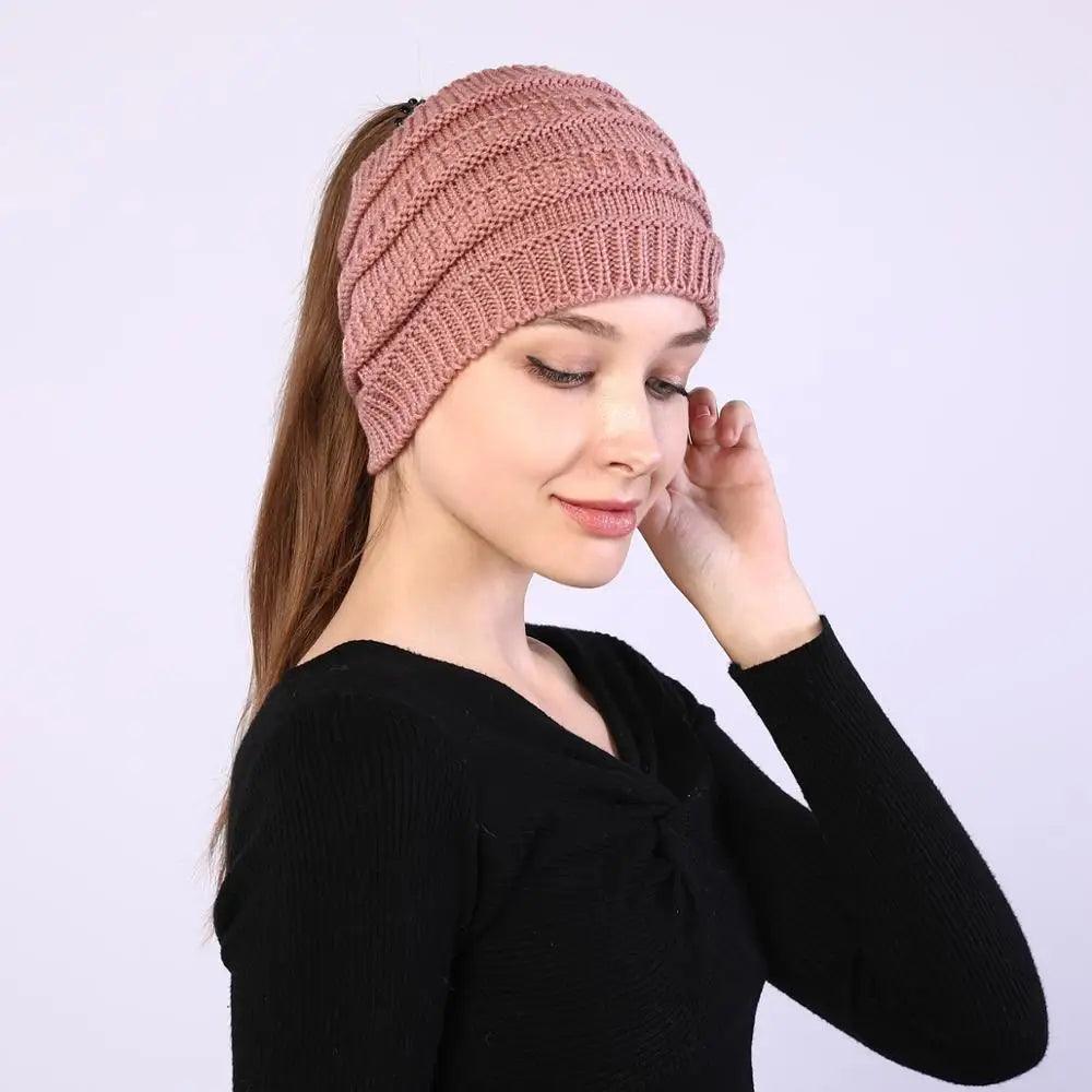 Knitted Winter Beanie with Ponytail Hole for Women - Cozy and Stylish - JVMCL