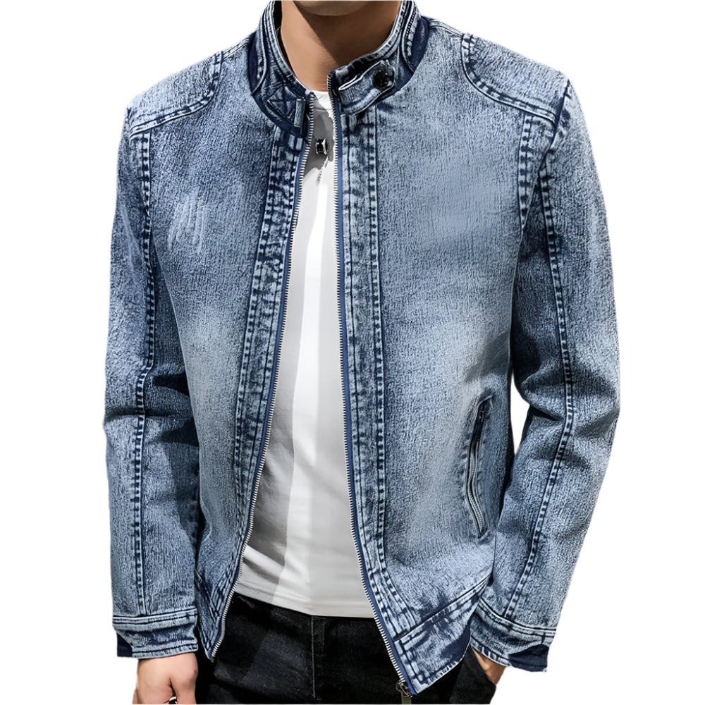 Men’s Slim-Fit Mandarin Collar Zipper-Up Outerwear Denim Jacket