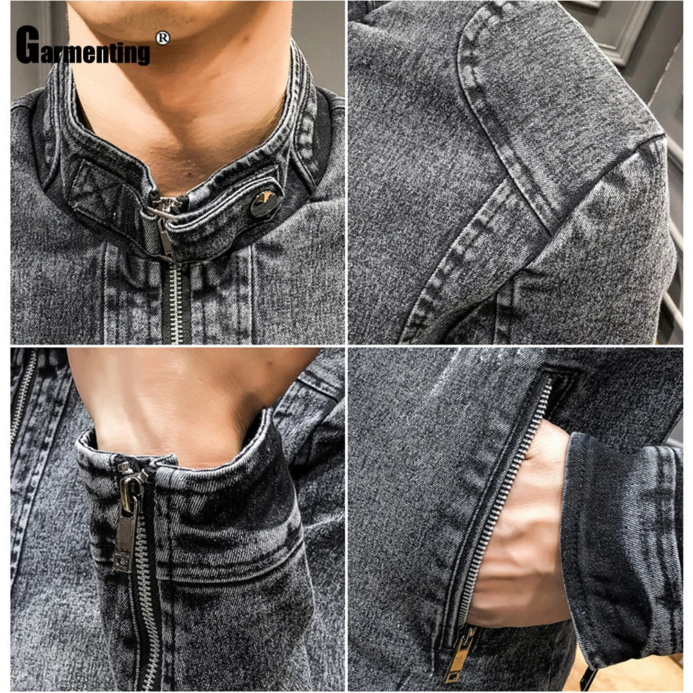 Men’s Slim-Fit Mandarin Collar Zipper-Up Outerwear Denim Jacket