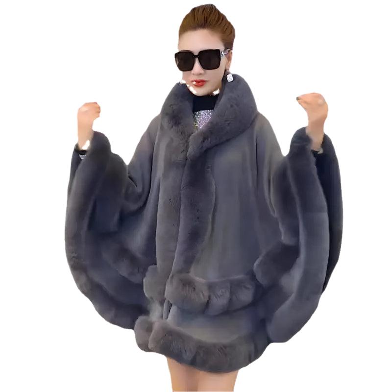 Double Layer Luxury Faux Rex Rabbit Fur Hooded Cape Knit Poncho Overcoat Wraps - JVMCL