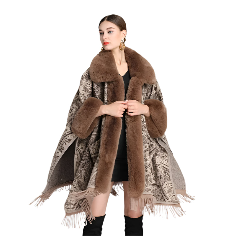 Soft Wool Blend Cape Coat – Faux Rex Rabbit Fur Jacquard Cloak for Women