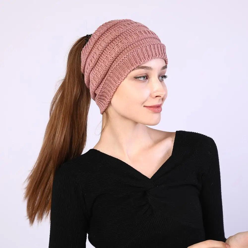 Knitted Winter Beanie with Ponytail Hole for Women - Cozy and Stylish - JVMCL