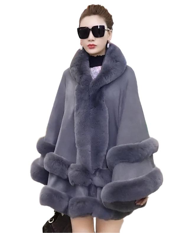 Double Layer Luxury Faux Rex Rabbit Fur Hooded Cape Knit Poncho Overcoat Wraps - JVMCL