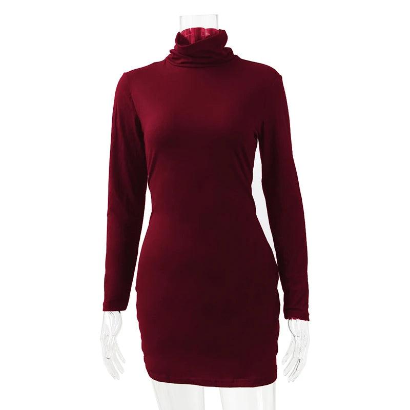 Clubwear High-Waisted Tight-Fitting Sexy Long Sleeve Turtleneck Mini Dress - JVMCL