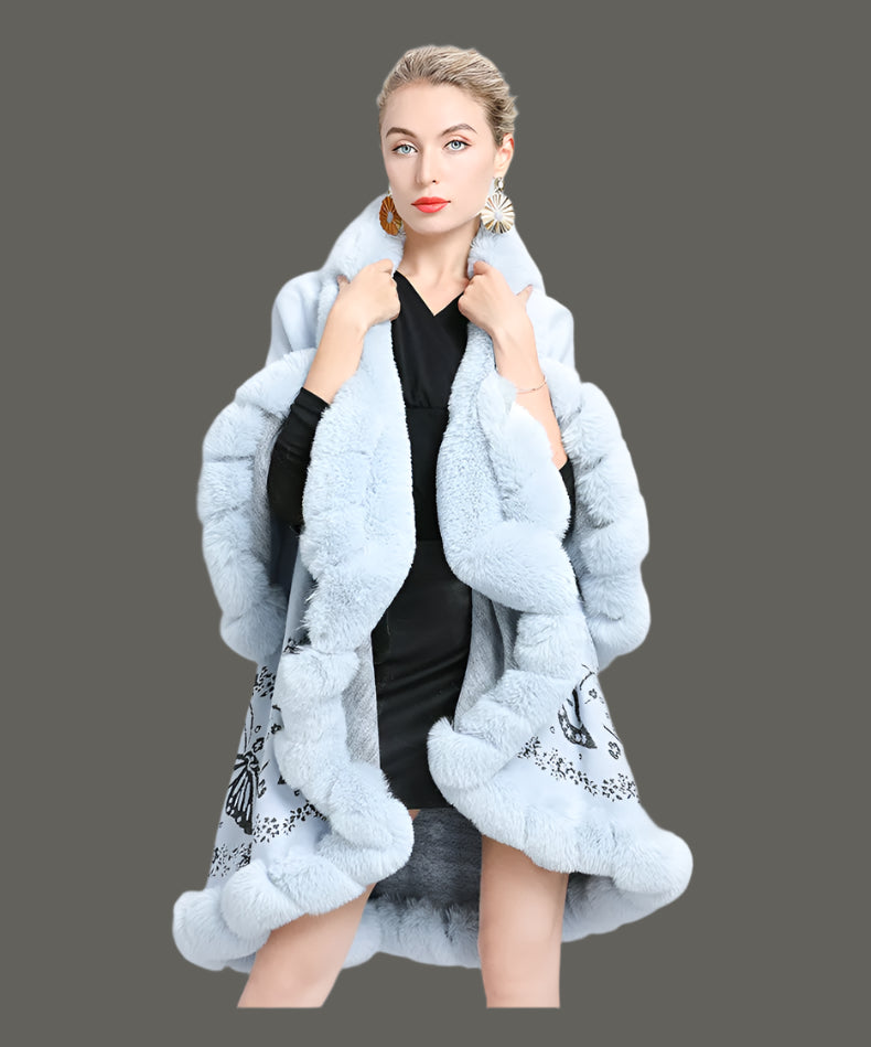 Two-Layered Winter Faux Fox Fur Collar Knitted Jacquard Weave Poncho Cardigan - JVMCL