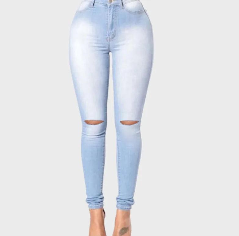 Ripped Jeans Stretchy Curve Plus Size High Waisted Hole Cute Classy Denim Pants - JVMCL