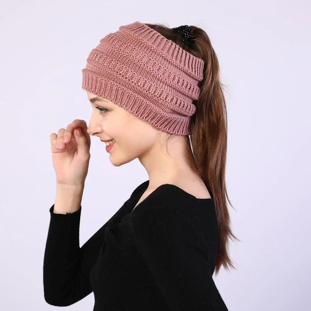 Knitted Winter Beanie with Ponytail Hole for Women - Cozy and Stylish - JVMCL