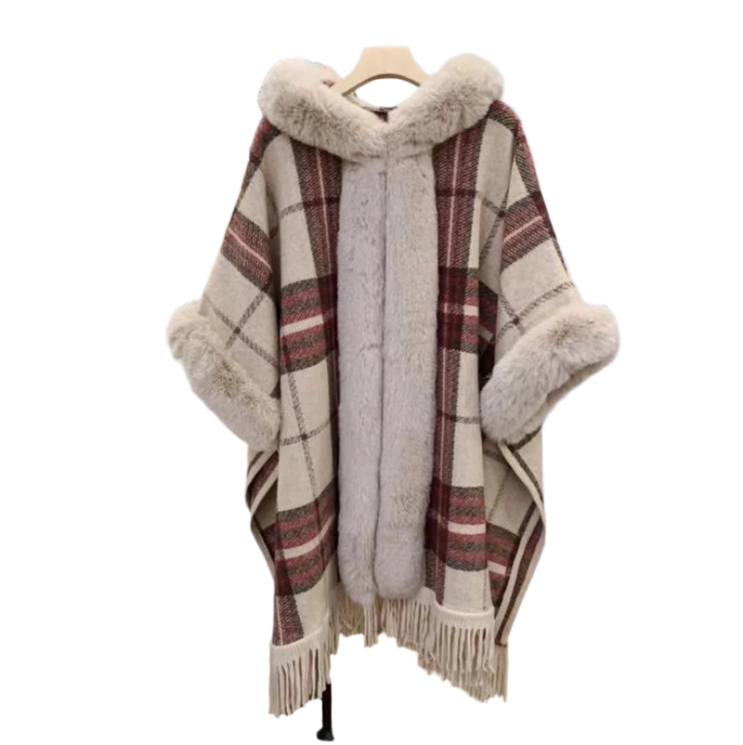 Winter Thick Plaid Poncho Tassel Cloak with Hood & Faux Rabbit Fur Collar