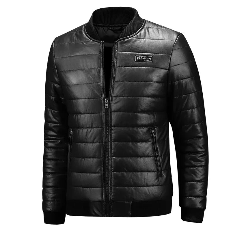 Men's Casual Slim Fit Plus Size Thick Winter Windbreaker PU Leather Jacket Coat - JVMCL