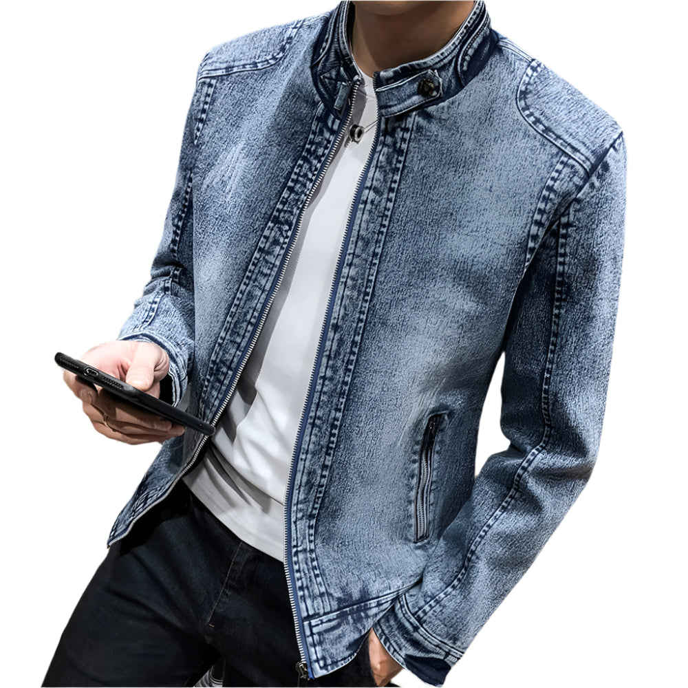 Men’s Slim-Fit Mandarin Collar Zipper-Up Outerwear Denim Jacket