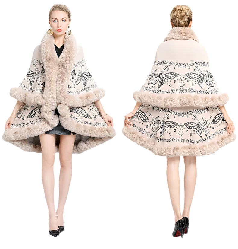 Two-Layered Winter Faux Fox Fur Collar Knitted Jacquard Weave Poncho Cardigan - JVMCL