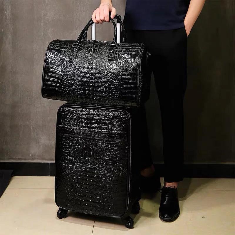 20-Inch 100% Real Leather Crocodile-Pattern Travel Luggage with Handbag Case - JVMCL