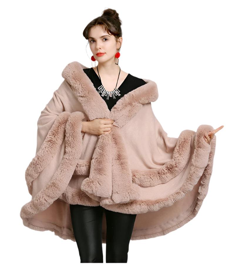 Double Layer Luxury Faux Rex Rabbit Fur Hooded Cape Knit Poncho Overcoat Wraps - JVMCL