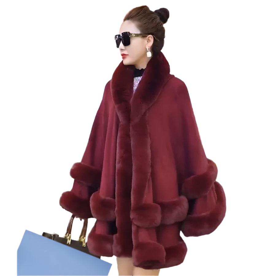 Double Layer Luxury Faux Rex Rabbit Fur Hooded Cape Knit Poncho Overcoat Wraps - JVMCL