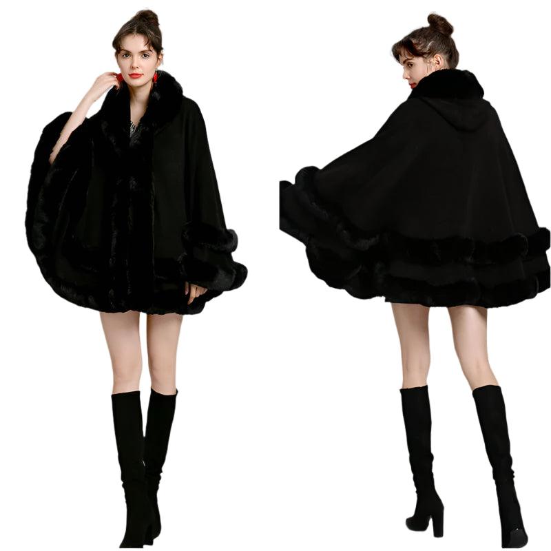 Double Layer Luxury Faux Rex Rabbit Fur Hooded Cape Knit Poncho Overcoat Wraps - JVMCL