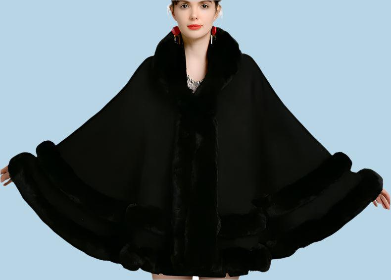 Double Layer Luxury Faux Rex Rabbit Fur Hooded Cape Knit Poncho Overcoat Wraps - JVMCL