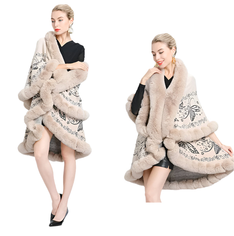 Two-Layered Winter Faux Fox Fur Collar Knitted Jacquard Weave Poncho Cardigan - JVMCL