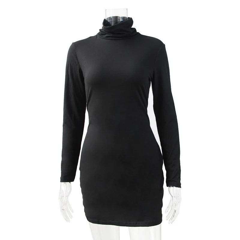 Clubwear High-Waisted Tight-Fitting Sexy Long Sleeve Turtleneck Mini Dress - JVMCL