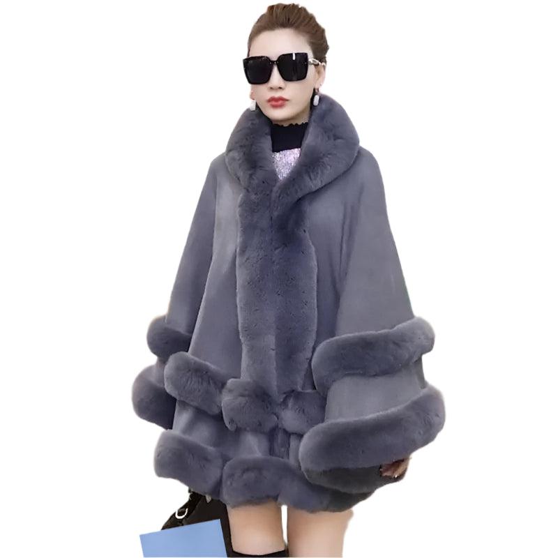 Double Layer Luxury Faux Rex Rabbit Fur Hooded Cape Knit Poncho Overcoat Wraps - JVMCL