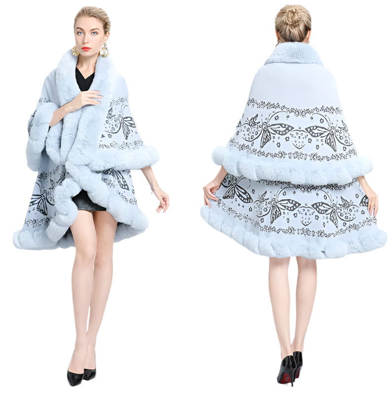 Two-Layered Winter Faux Fox Fur Collar Knitted Jacquard Weave Poncho Cardigan - JVMCL