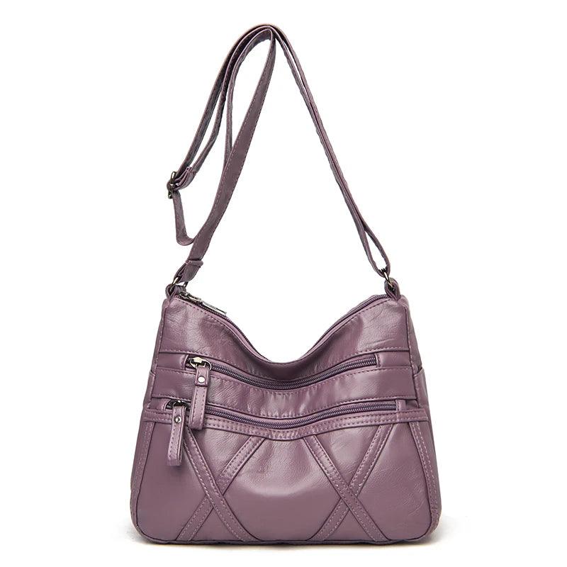 Large-Capacity Women Solid Color Multi-Pocket Tote Messenger Leather Hand Bag - JVMCL