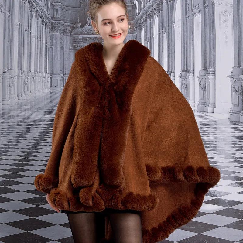 Women's Winter Thicken Shawl - Faux Rabbit Fur Long Poncho Cape Cloak - JVMCL