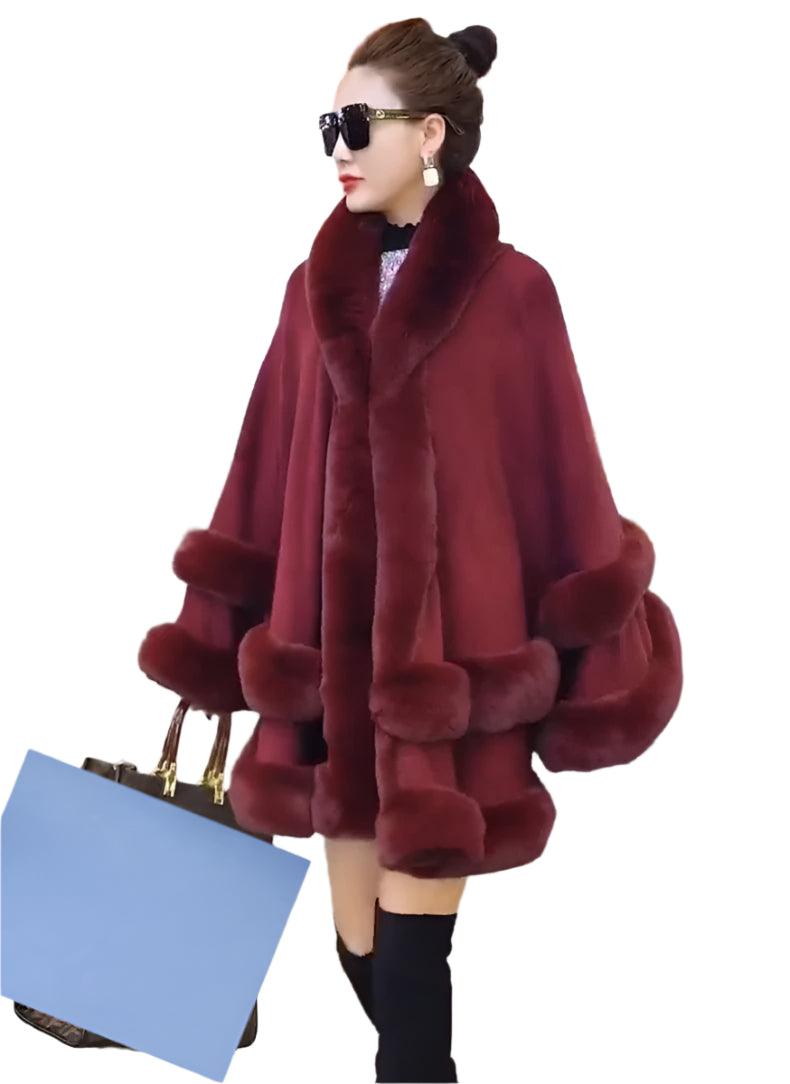 Double Layer Luxury Faux Rex Rabbit Fur Hooded Cape Knit Poncho Overcoat Wraps - JVMCL