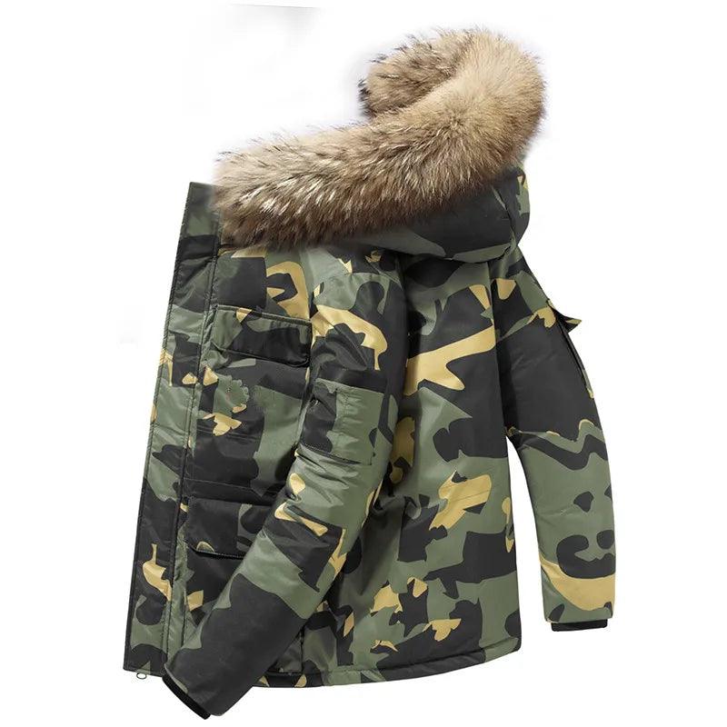 Military Camouflage Down Jacket: Thick Winter Parka Fur Collar & White Duck Down - JVMCL