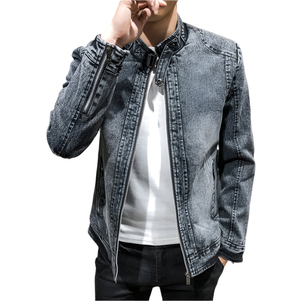 Men’s Slim-Fit Mandarin Collar Zipper-Up Outerwear Denim Jacket