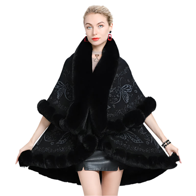 Two-Layered Winter Faux Fox Fur Collar Knitted Jacquard Weave Poncho Cardigan - JVMCL