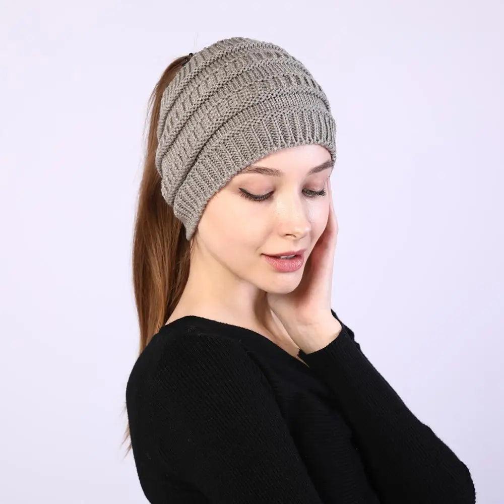 Knitted Winter Beanie with Ponytail Hole for Women - Cozy and Stylish - JVMCL