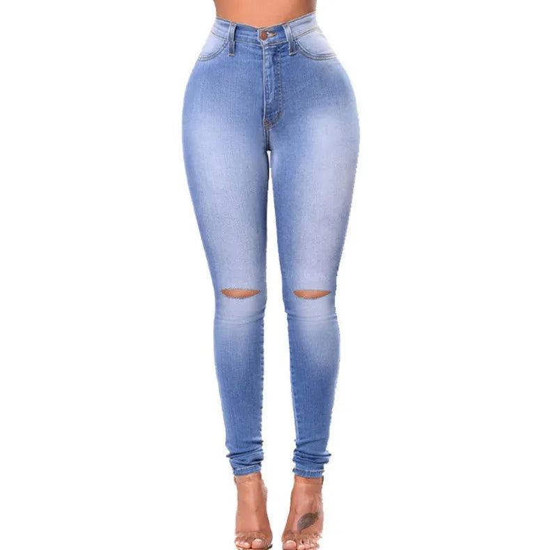 Ripped Jeans Stretchy Curve Plus Size High Waisted Hole Cute Classy Denim Pants - JVMCL