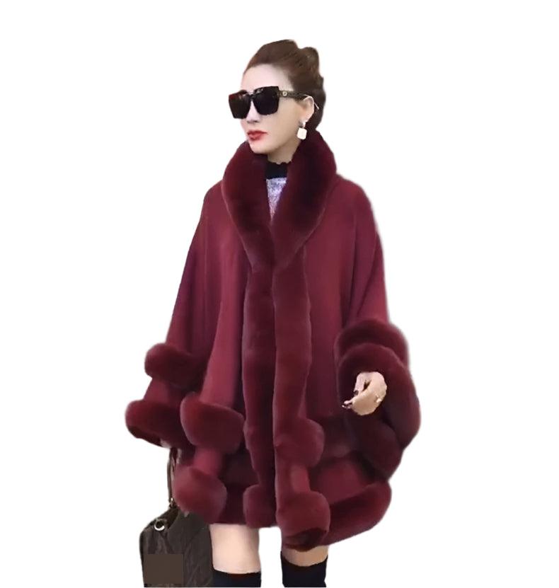 Double Layer Luxury Faux Rex Rabbit Fur Hooded Cape Knit Poncho Overcoat Wraps - JVMCL