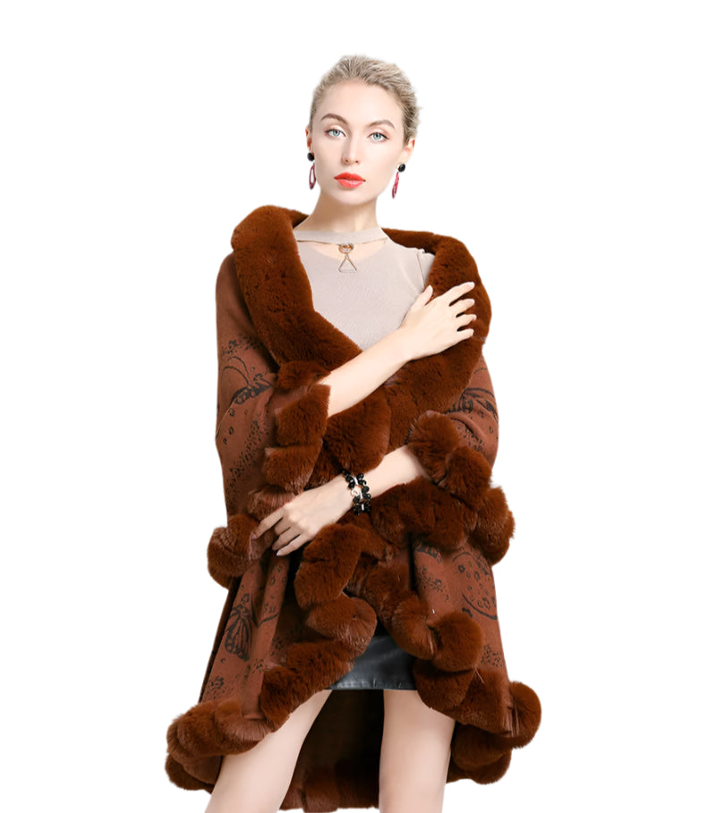 Two-Layered Winter Faux Fox Fur Collar Knitted Jacquard Weave Poncho Cardigan - JVMCL