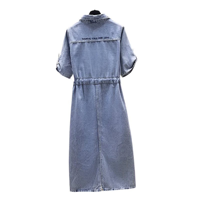 Plus Size Denim Fringe Ruffle Dress – Women’s A-Line Loose-Fit Casual Mid-Calf Dress