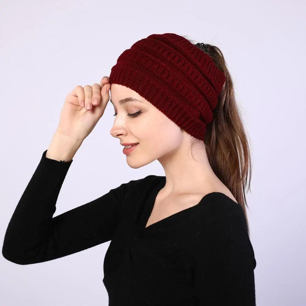 Knitted Winter Beanie with Ponytail Hole for Women - Cozy and Stylish - JVMCL