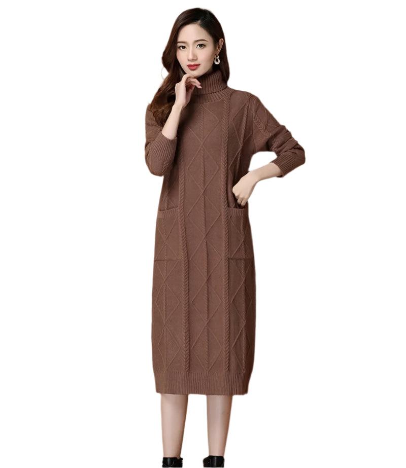 Elegant Turtleneck Long Knitted Sweater Dress – Cozy & Stylish Winter Fashion - JVMCL