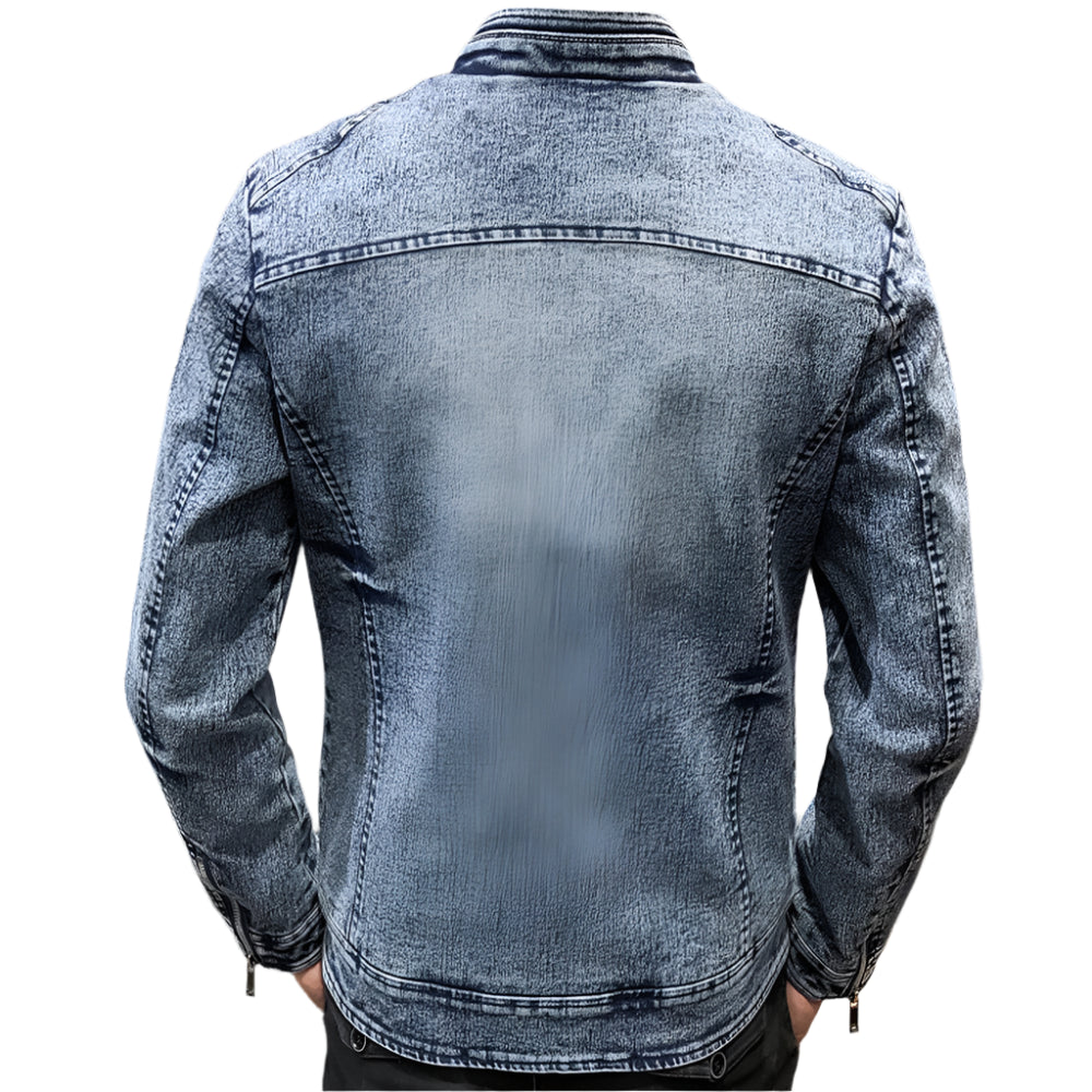 Men’s Slim-Fit Mandarin Collar Zipper-Up Outerwear Denim Jacket